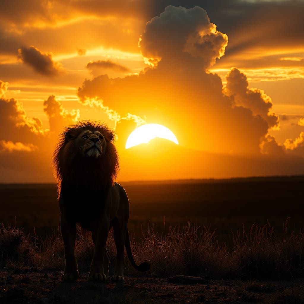Lion Silhouetted Against Sunrise, Epic Cinematic Style