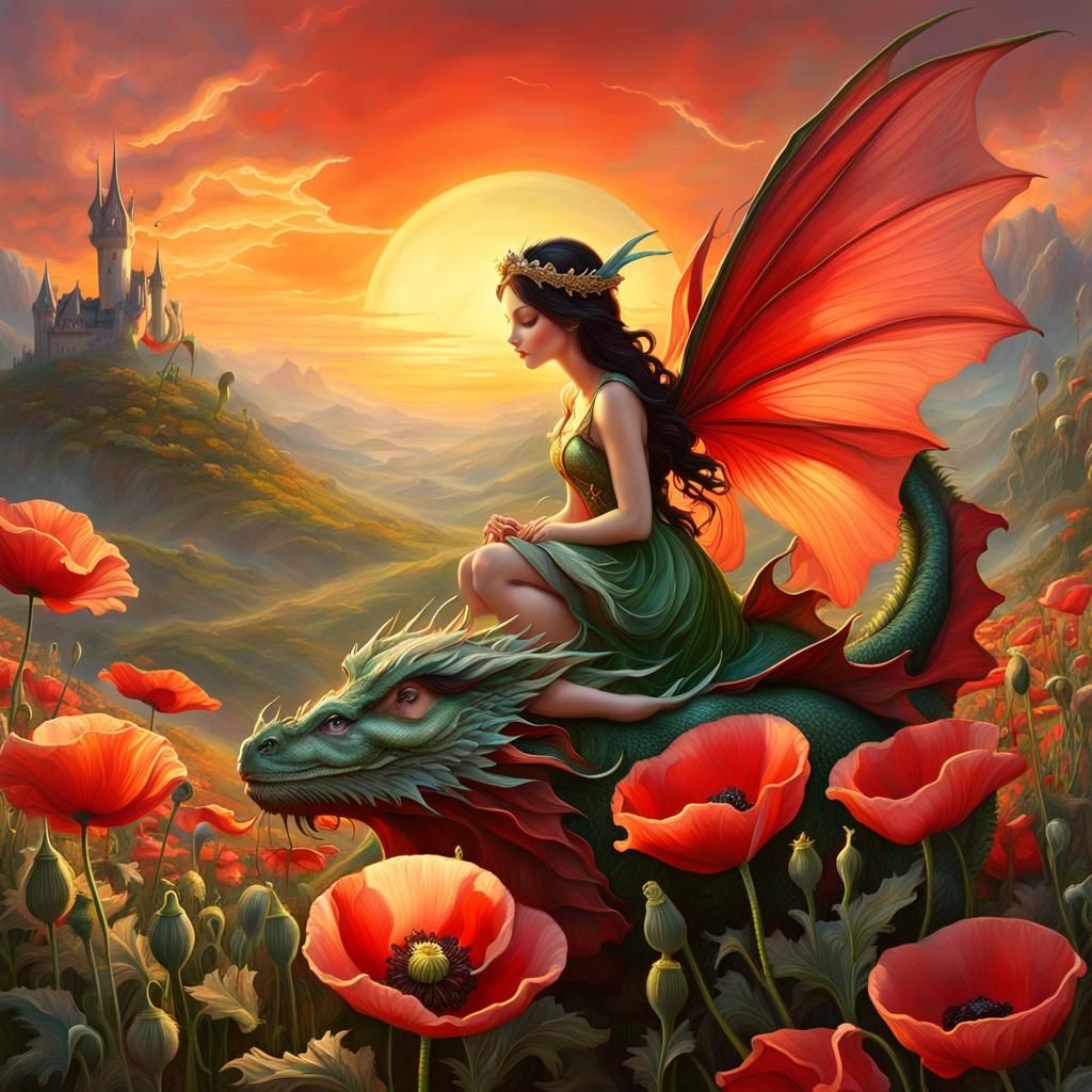 Fairy Watches Dragon Asleep in Poppy Field