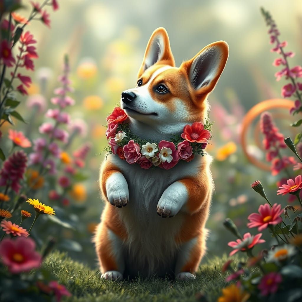 Surreal Fantasy Corgi in Lush Garden Surrounds