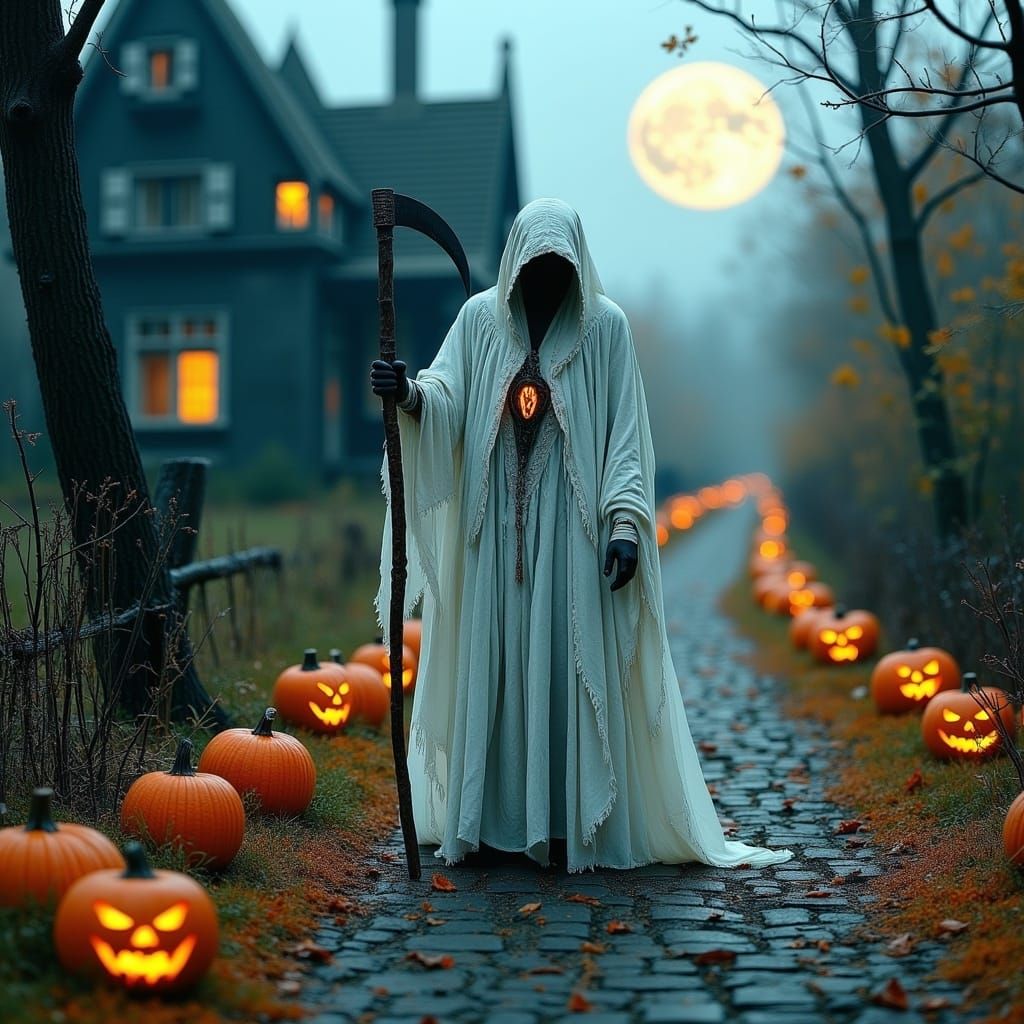 Ghost with Scythe on Autumn Path in Dark Art Style