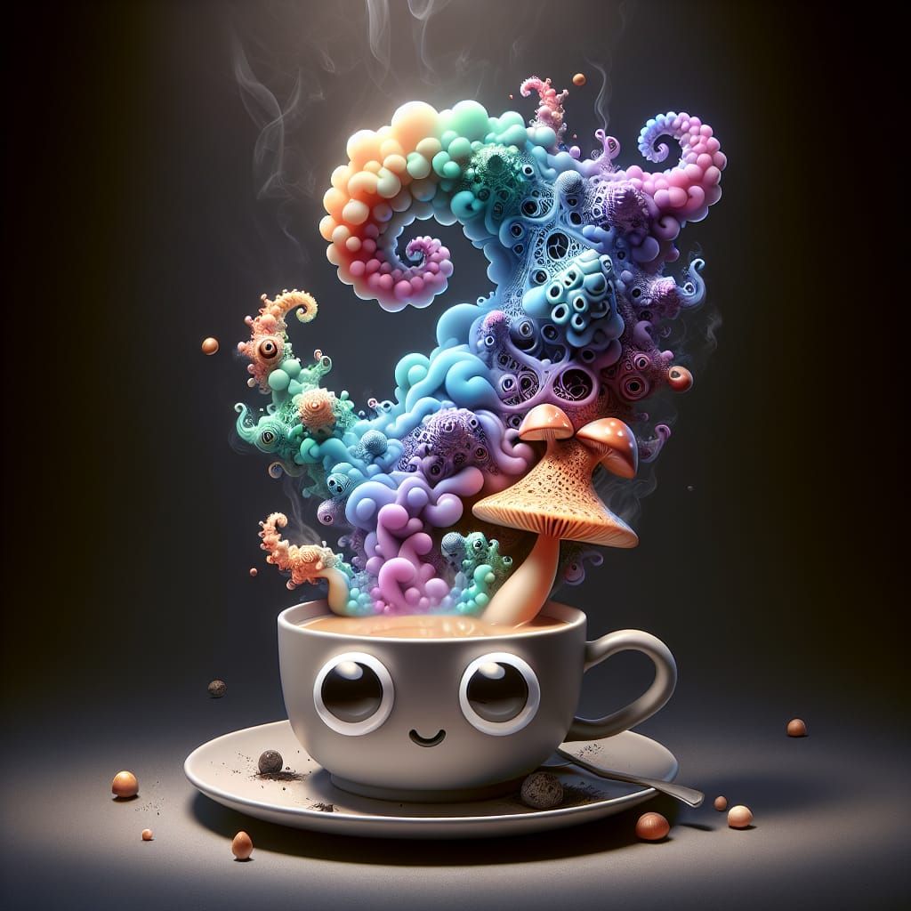 Teacup with Mushroom Smoke in Cell-Shaded Style