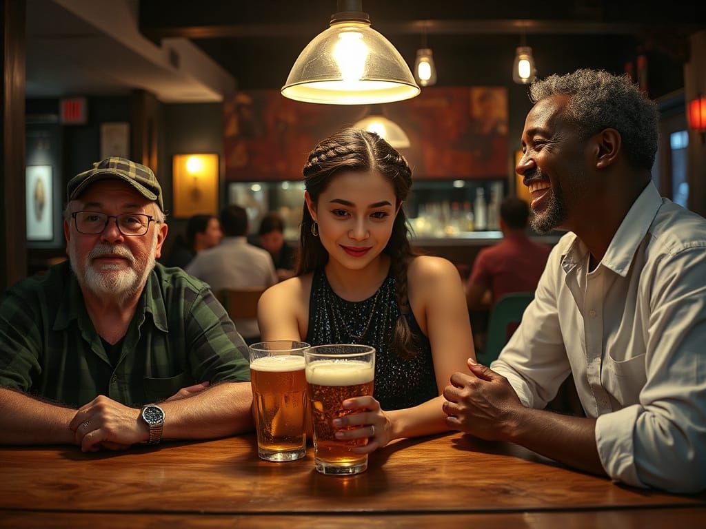 Asian Woman in Atmospheric Café, Gazed at by Two Men