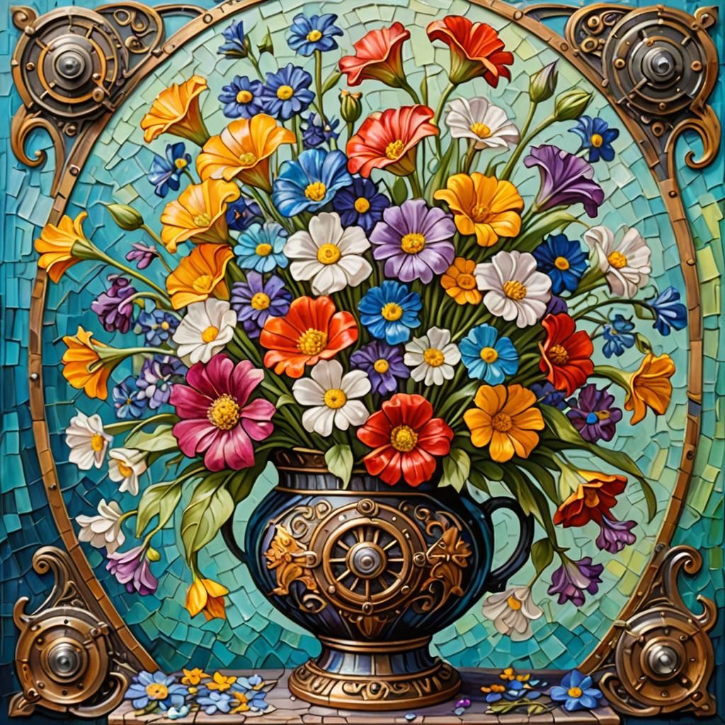 Colorful Spring Bouquet in Art Nouveau Vase