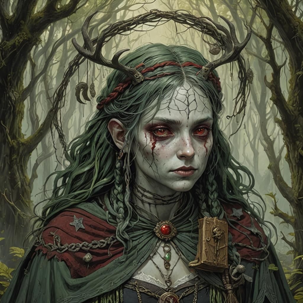 Spooky Swamp Witch with Antlers: Dark Fantasy Portrait