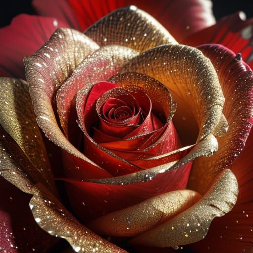 Deep Red Rose with Gold Glitter and Raindrops