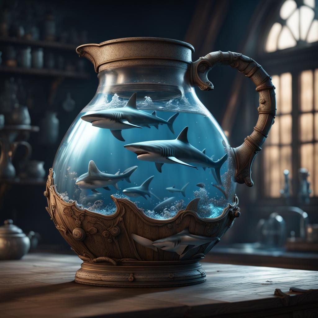 Sharks Swimming in Jug of Water: Fantasy Art