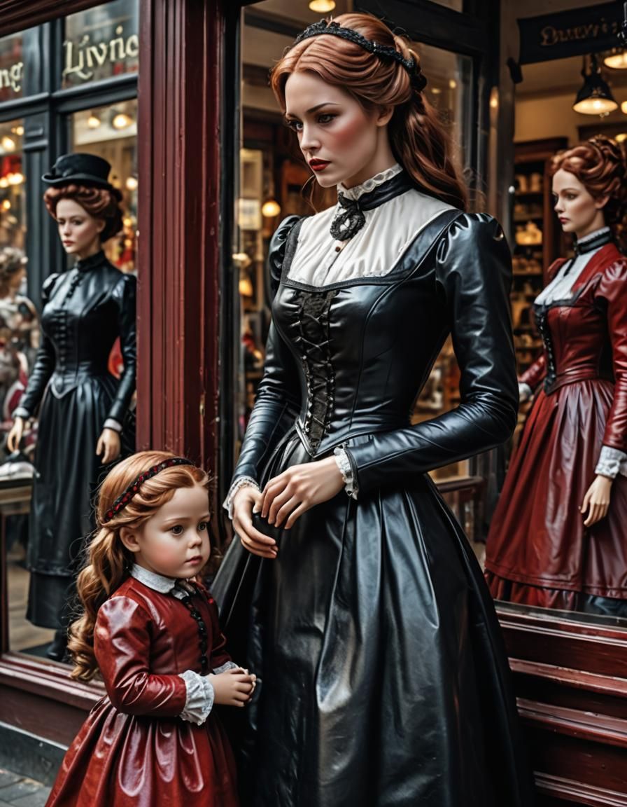 Victorian Mother and Daughter Admiring Living Dolls