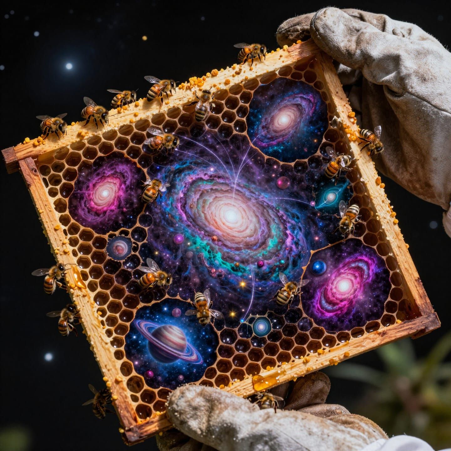 Beekeeper's Hand Holding Cosmic Honeycomb Macro Photography