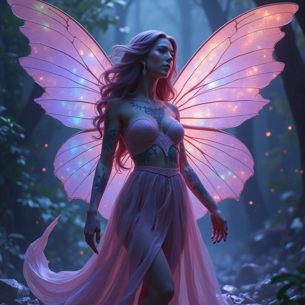 Vibrant Fairy with Bioluminescent Wings, in Art Nouveau Styl...