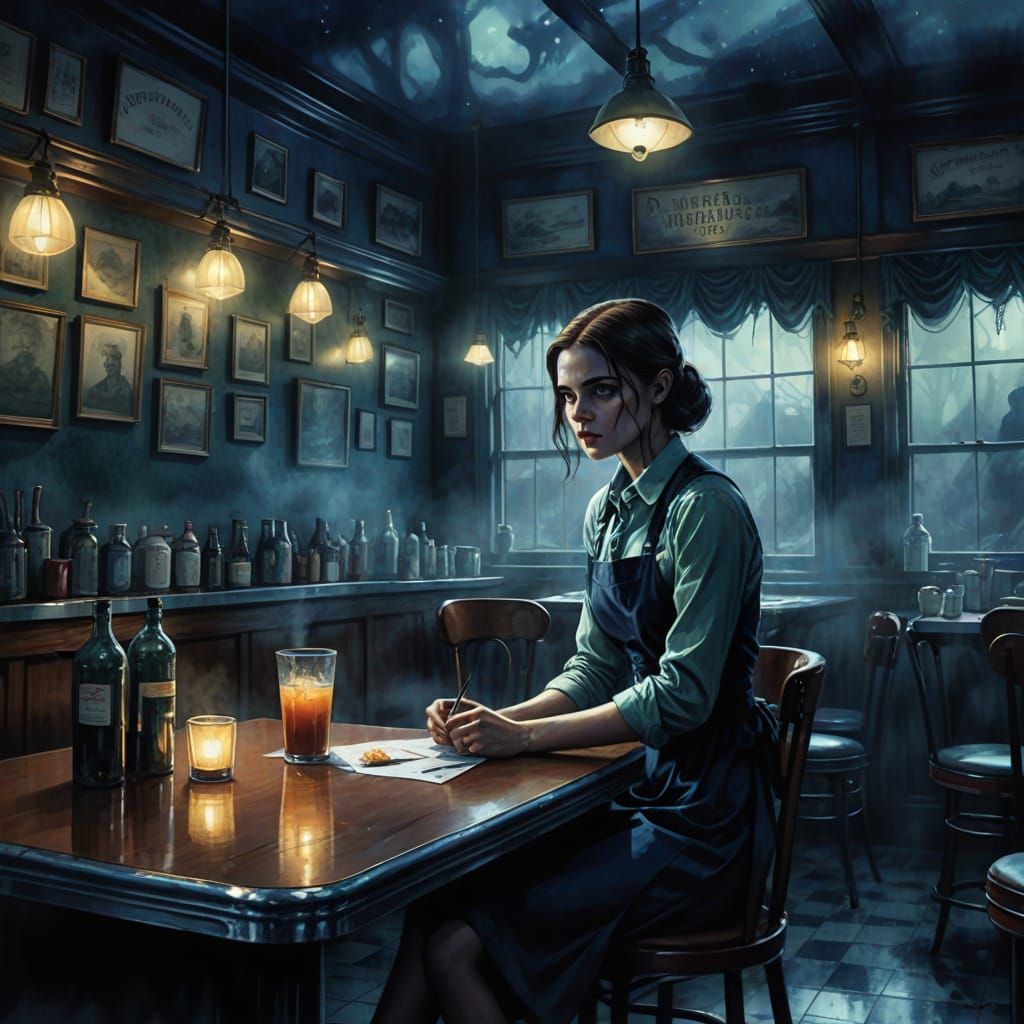 Ethereal Waitress in Haunted Diner: Surreal Concept Art