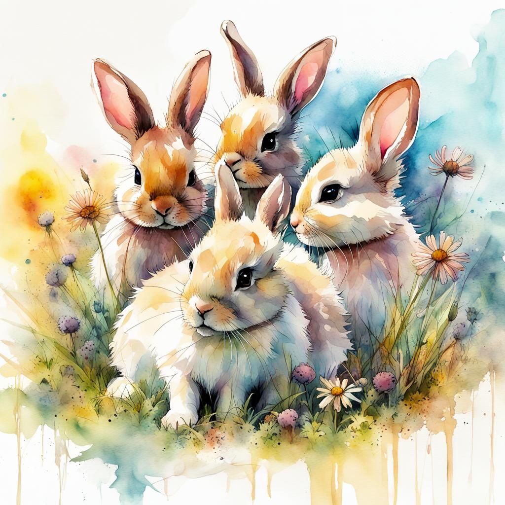 Cute Baby Bunnies in Watercolor Illustration