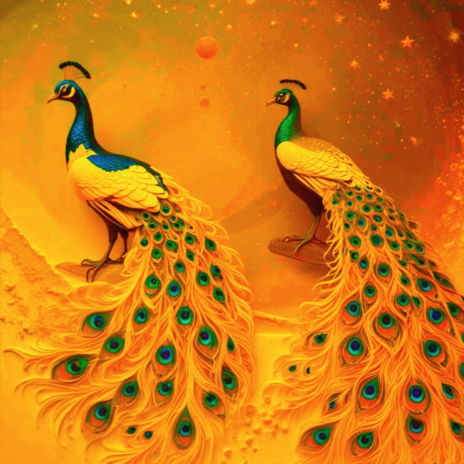 Luxurious Celestial Peacocks Amidst Dark Obsidian and Glowin...