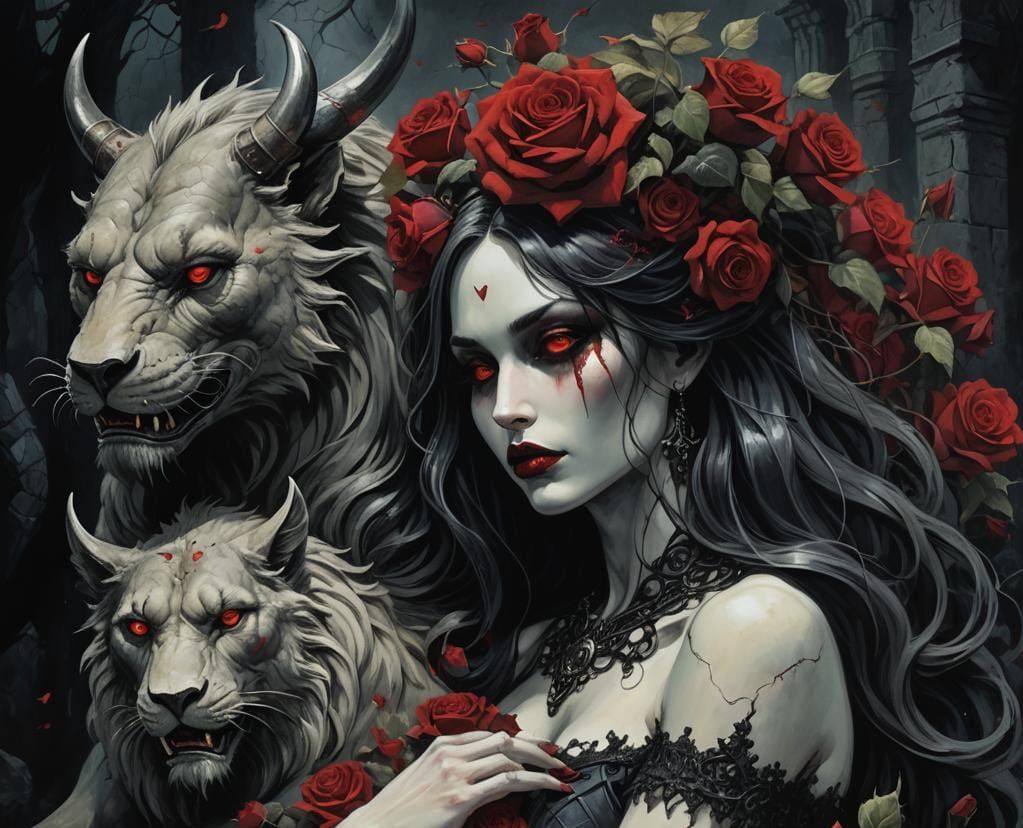 Gothic Stone Statue: Beast and Goddess in Darkness