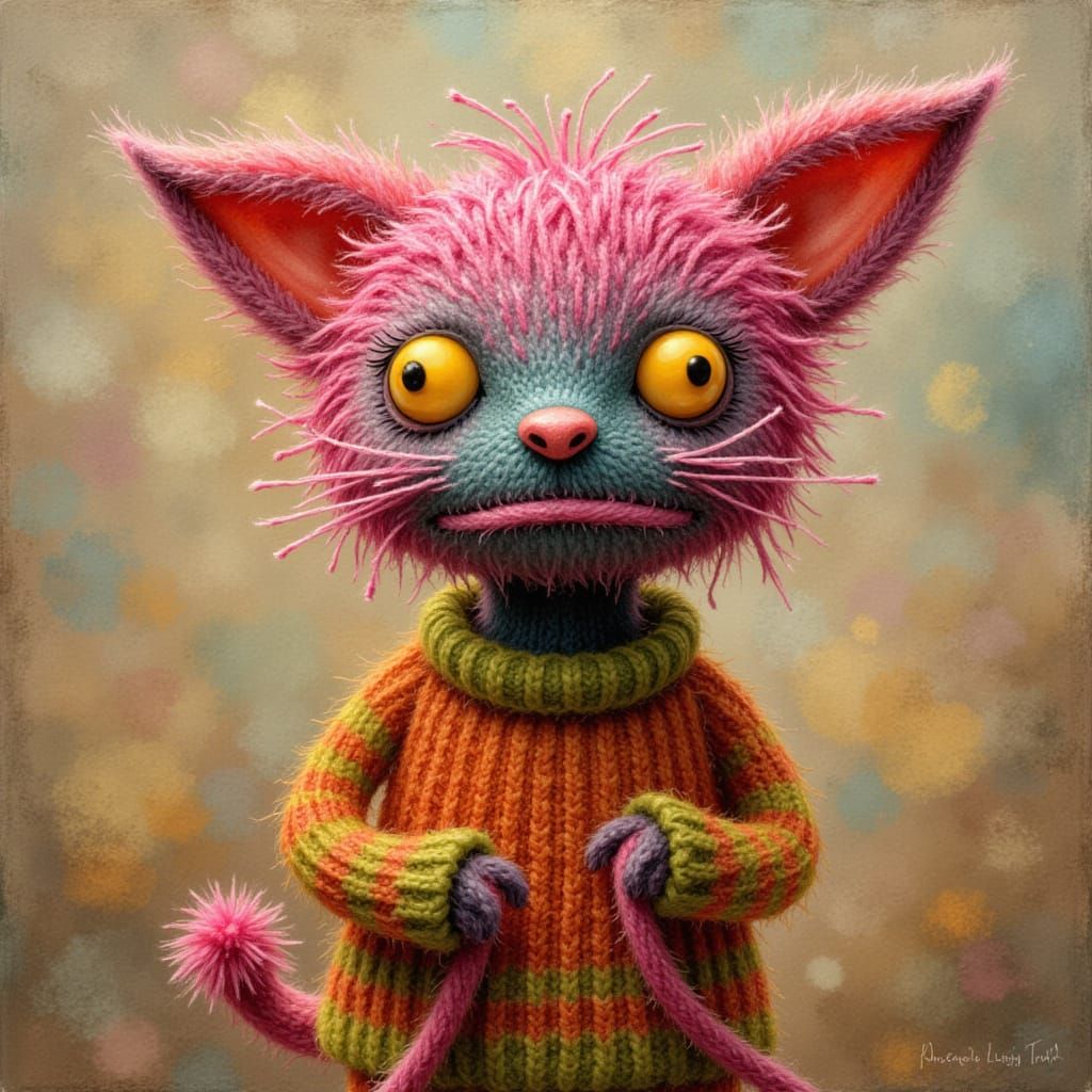 Yarn monster knitting a sweater, pop surrealism <lora:Scarry shapes:1.0>