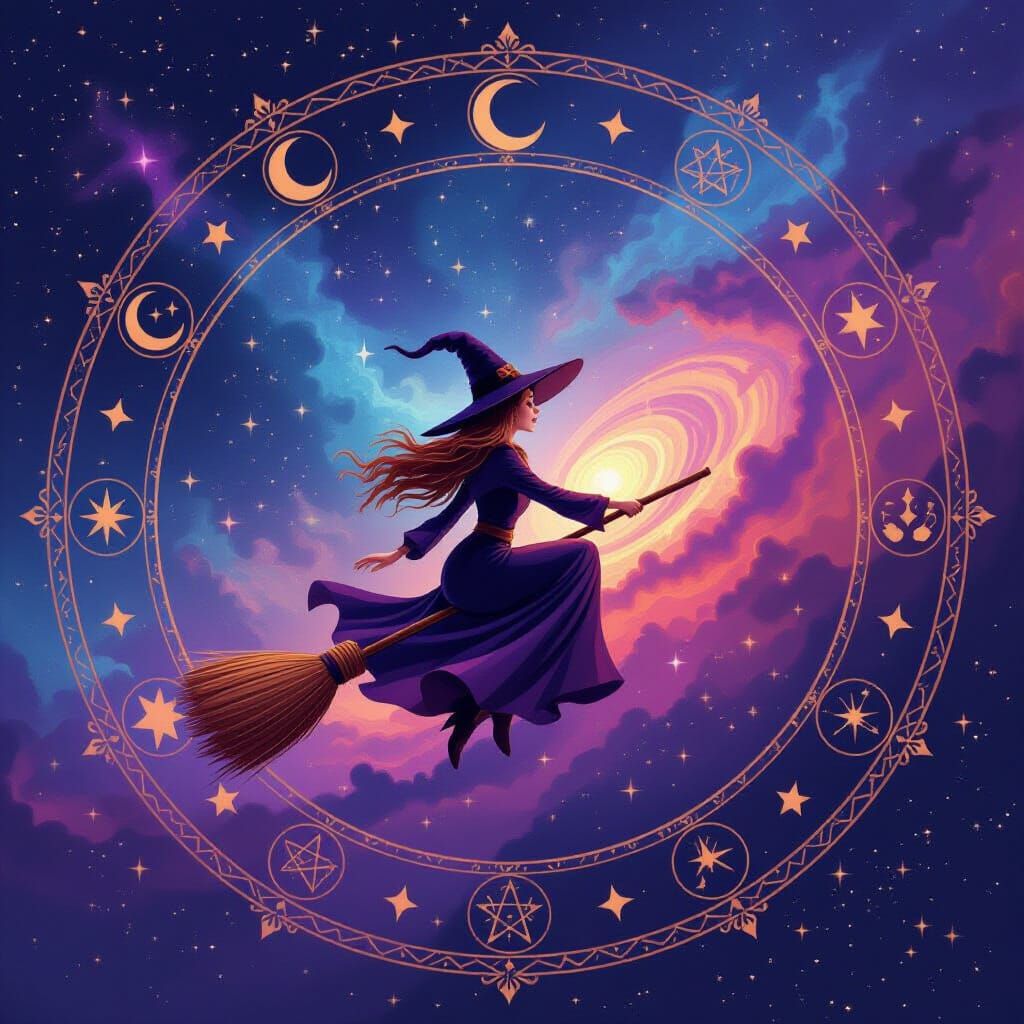 Cosmic Witch Soaring Through Starry Skies