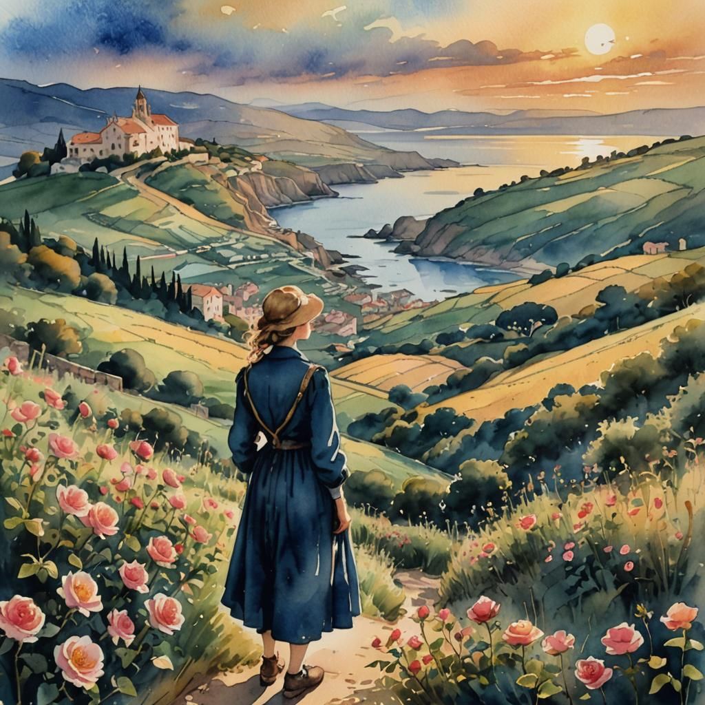 Spanish Sunset in Dark Fantasy Watercolor