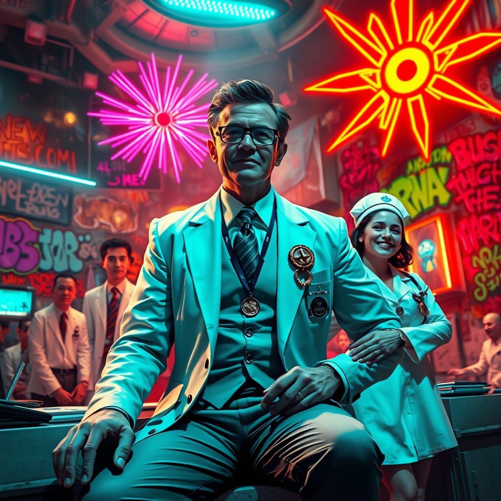 Eccentric Cyberpunk Doctor Surrounded by Colleagues in Neon ...