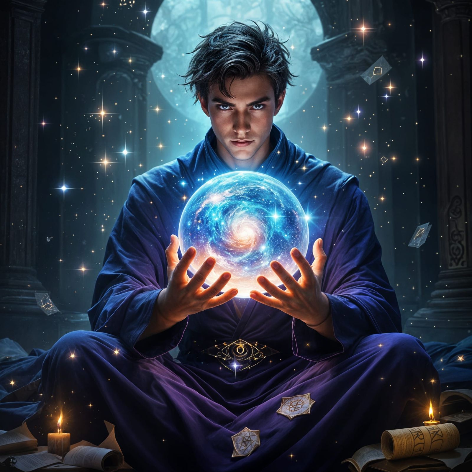 Mage Gazing into the Universe Inside Crystal Ball