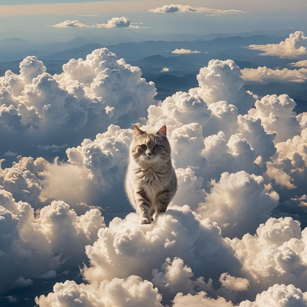 Fluffy Cloud Cat Walking in the Clouds
