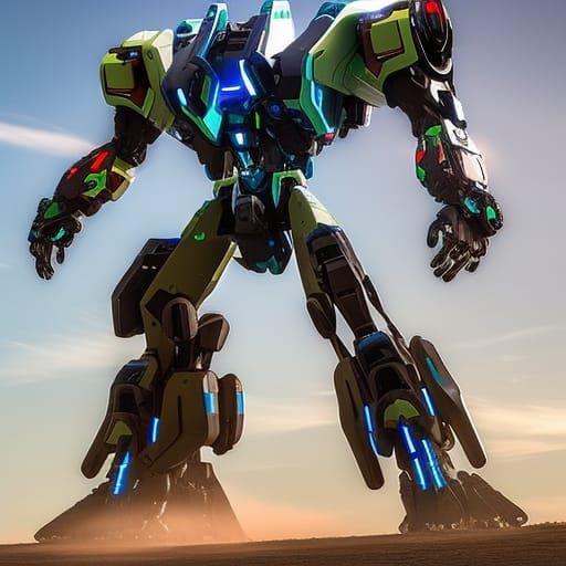 The awe-inspiring mech stands tall, emanating an air of invincibility. Its sleek, angular frame, crafted from a lightwei...