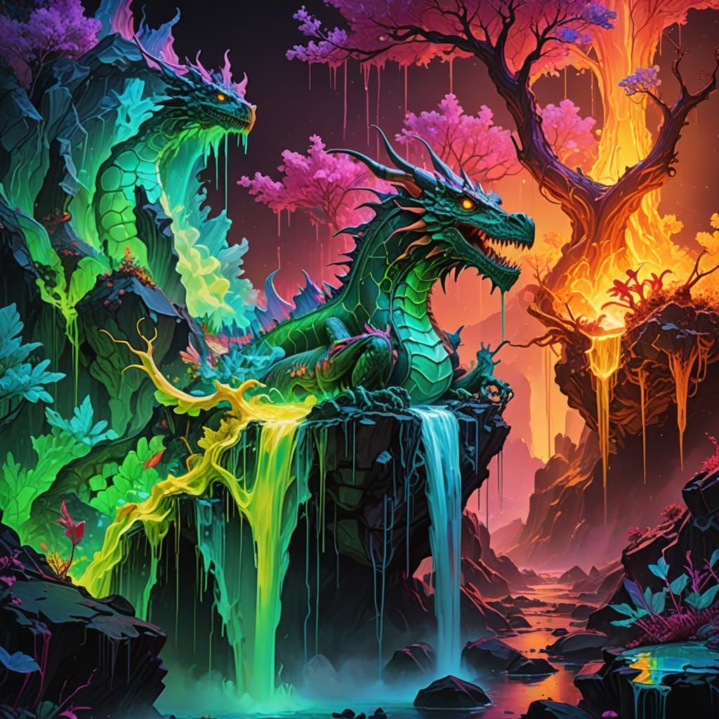 Surreal Fantasy Landscape with Glowing Dragon and Vibrant Co...