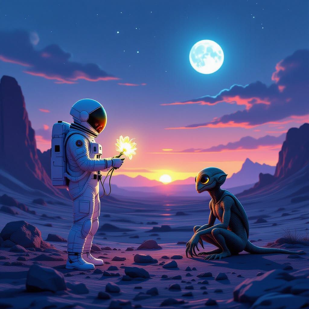 Astronaut Offers Alien Flower Under Binary Sunset
