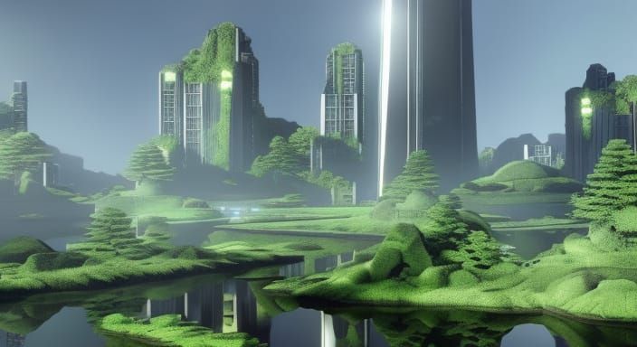 Japanese Garden Reclaims Skyscraper Ruins, Hyperdetailed Art