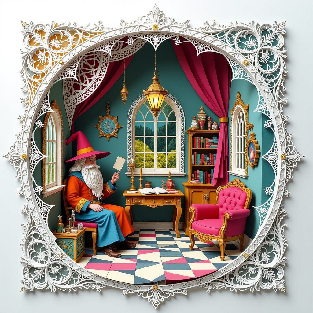 Whimsical Wizard's Room Paper Cutout Collage