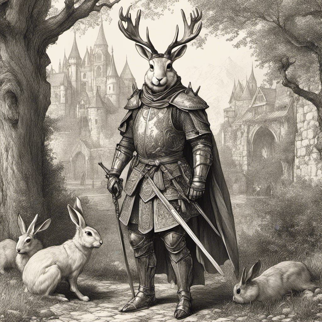 Medieval Jackalope Knight in Line Art