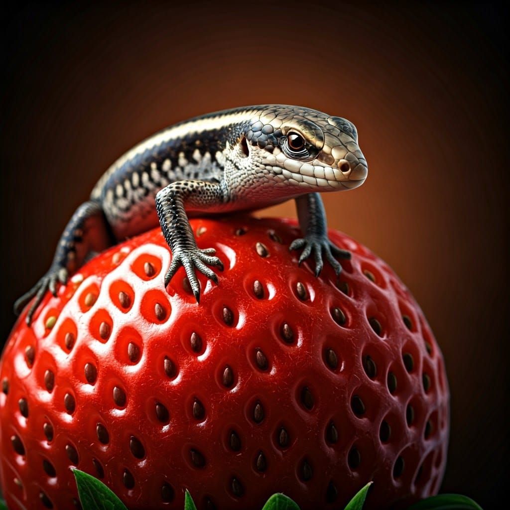 Vibrant Skink Basks on Juicy Strawberry in Realistic Digital...