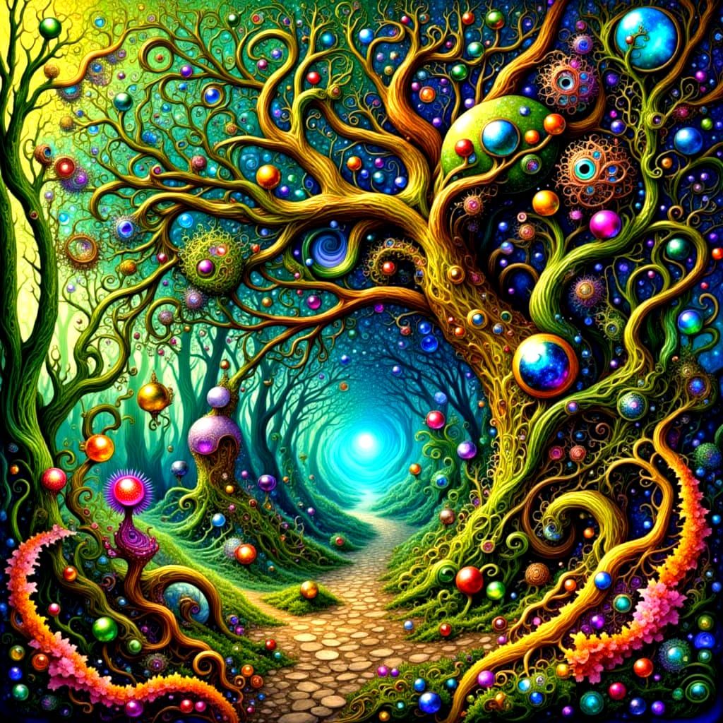 Whimsical Creature and Ancient Tree in Intricate Forest Pain...