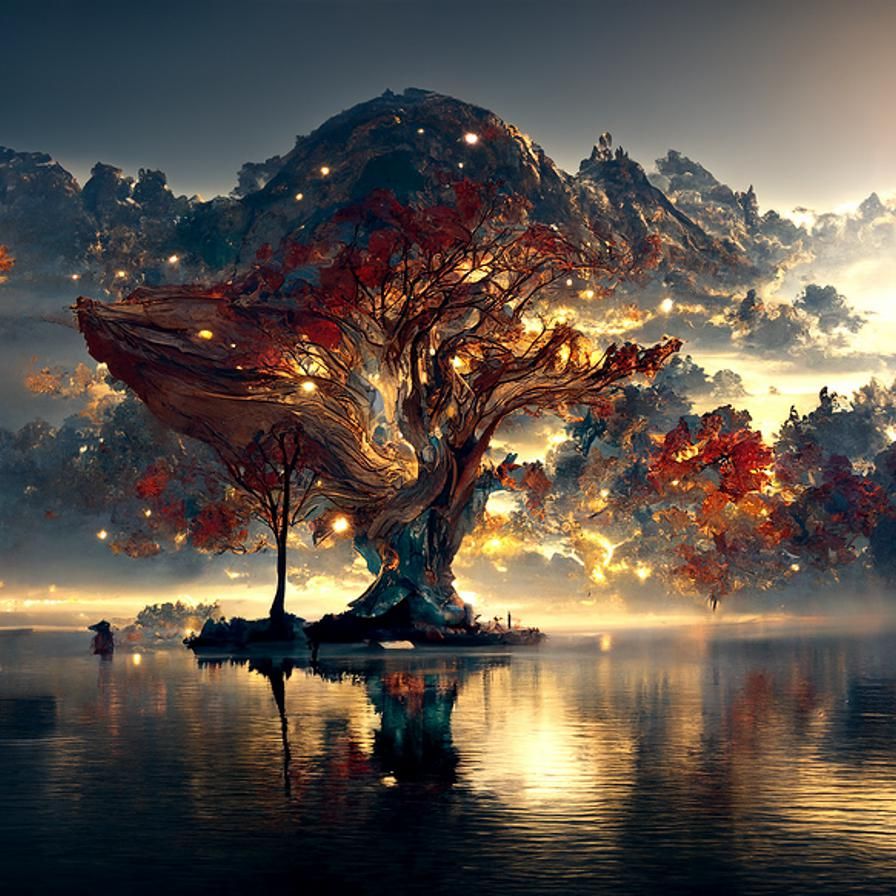 Glowing Oak Tree on Island, Digital Matte Painting
