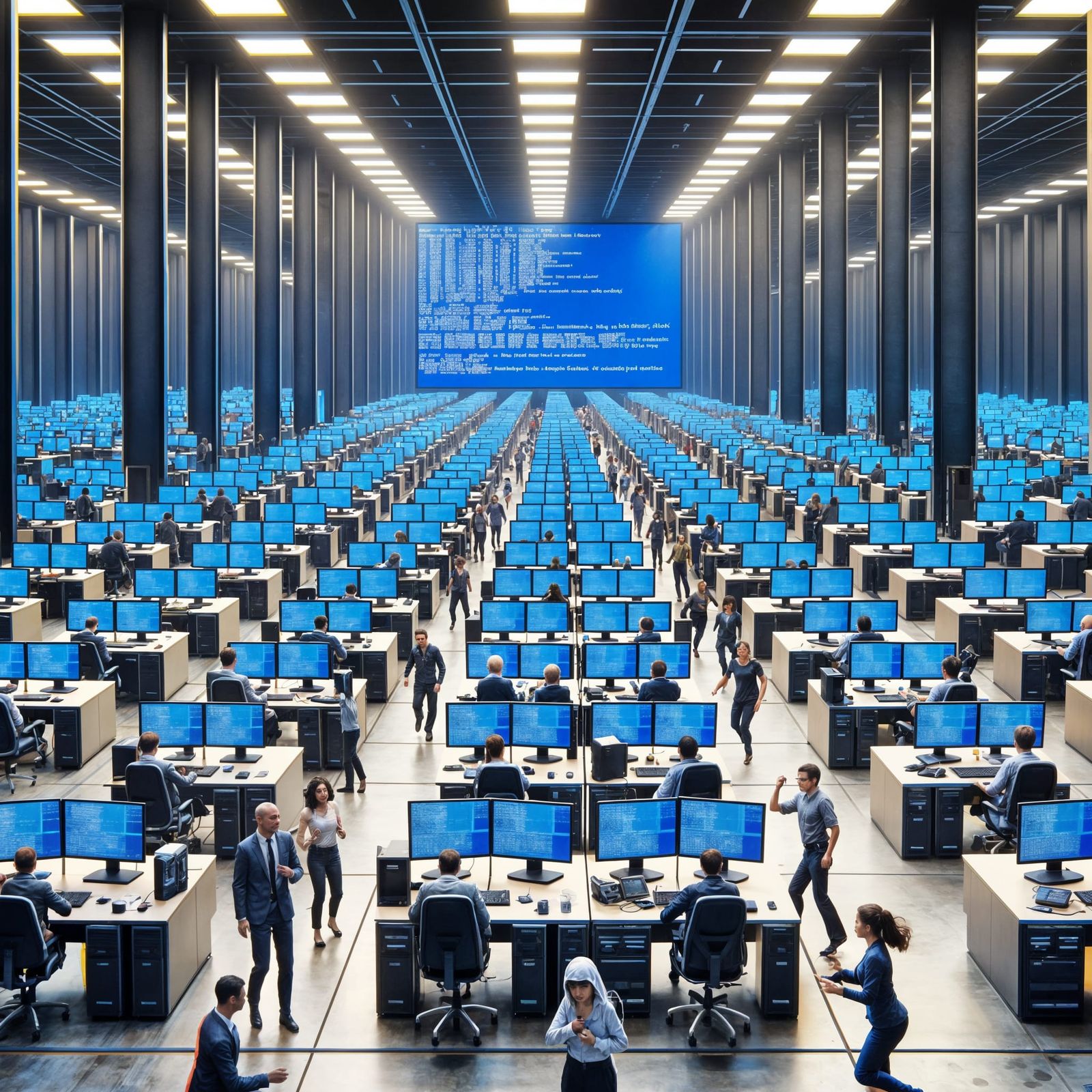 Futuristic Warehouse Plagued by Blue Screen of Death