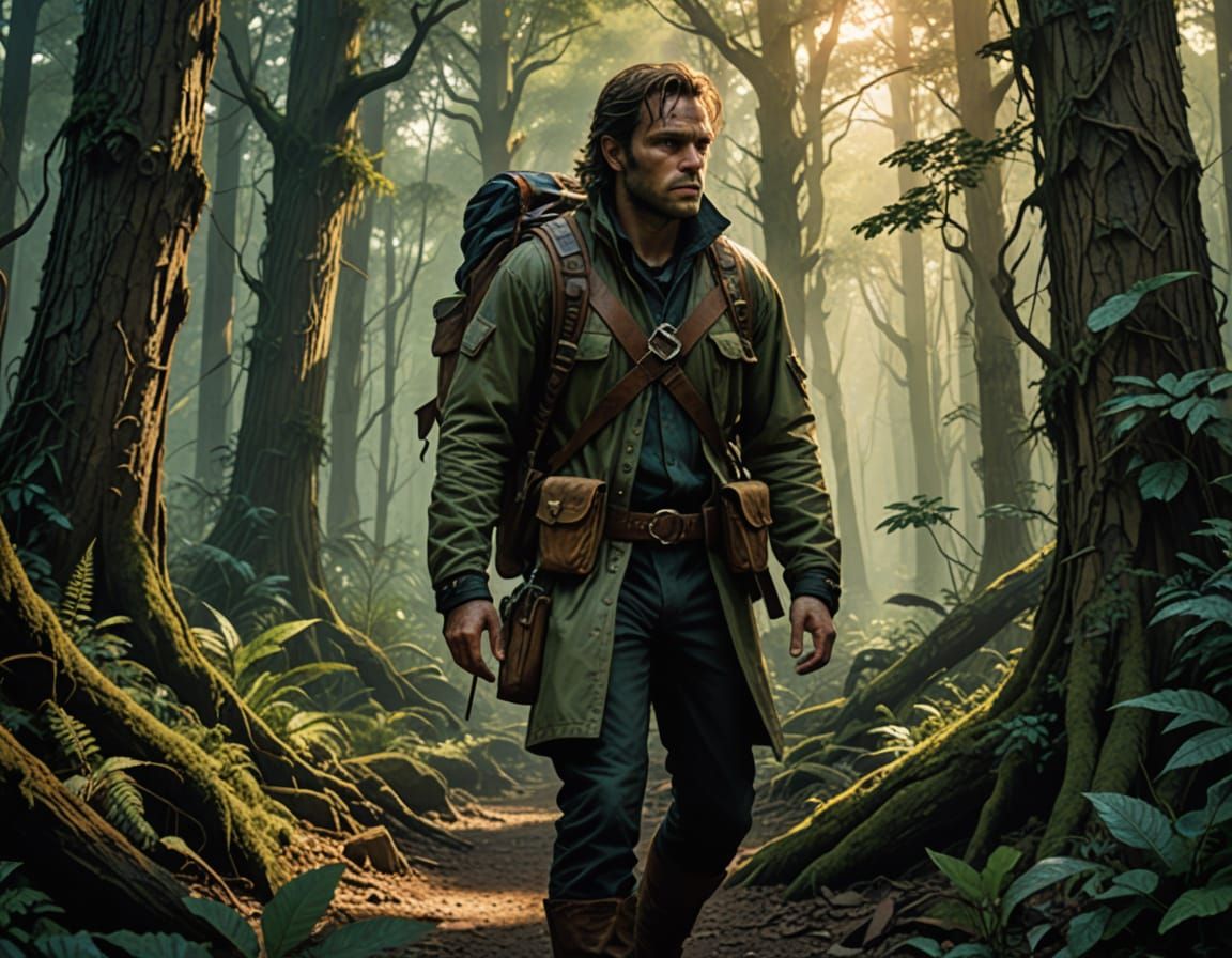 Traveler in Primeval Forest with Sunlight, Dark Fantasy Art