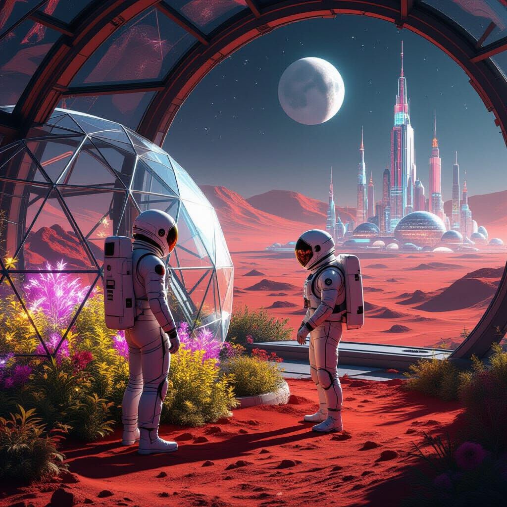 Astronaut Tends Martian Bioluminescent Garden in Crystalline...