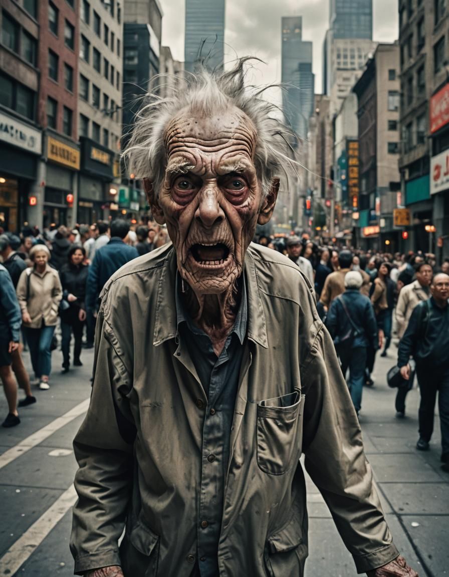 Terrified Elder Lost in Hyperrealistic City Chaos