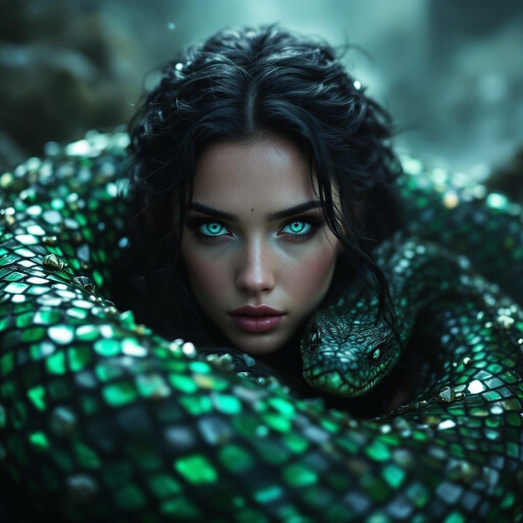 Emerald Serpent Goddess in Cinematic Atmosphere