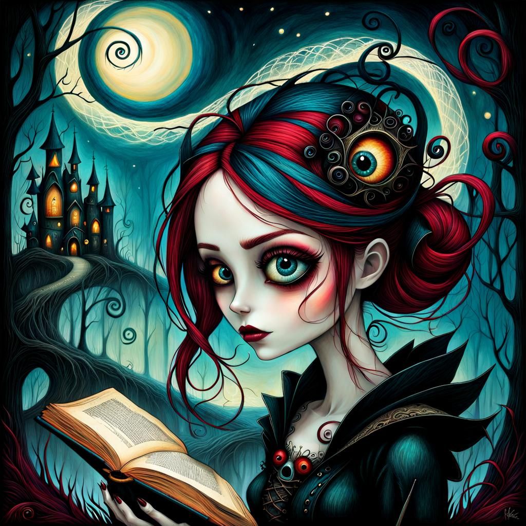 Gothic Punk Reader in Vibrant Fairytale Scene