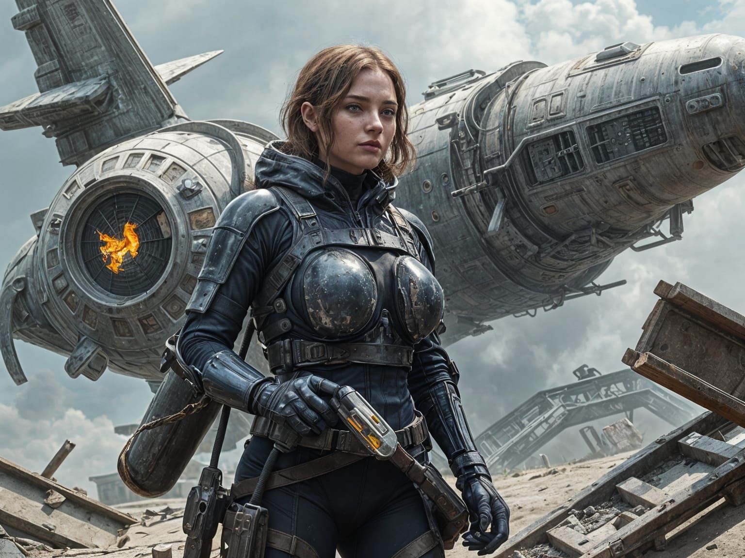 Armored Woman Amidst Spaceship Wreckage: Digital Art