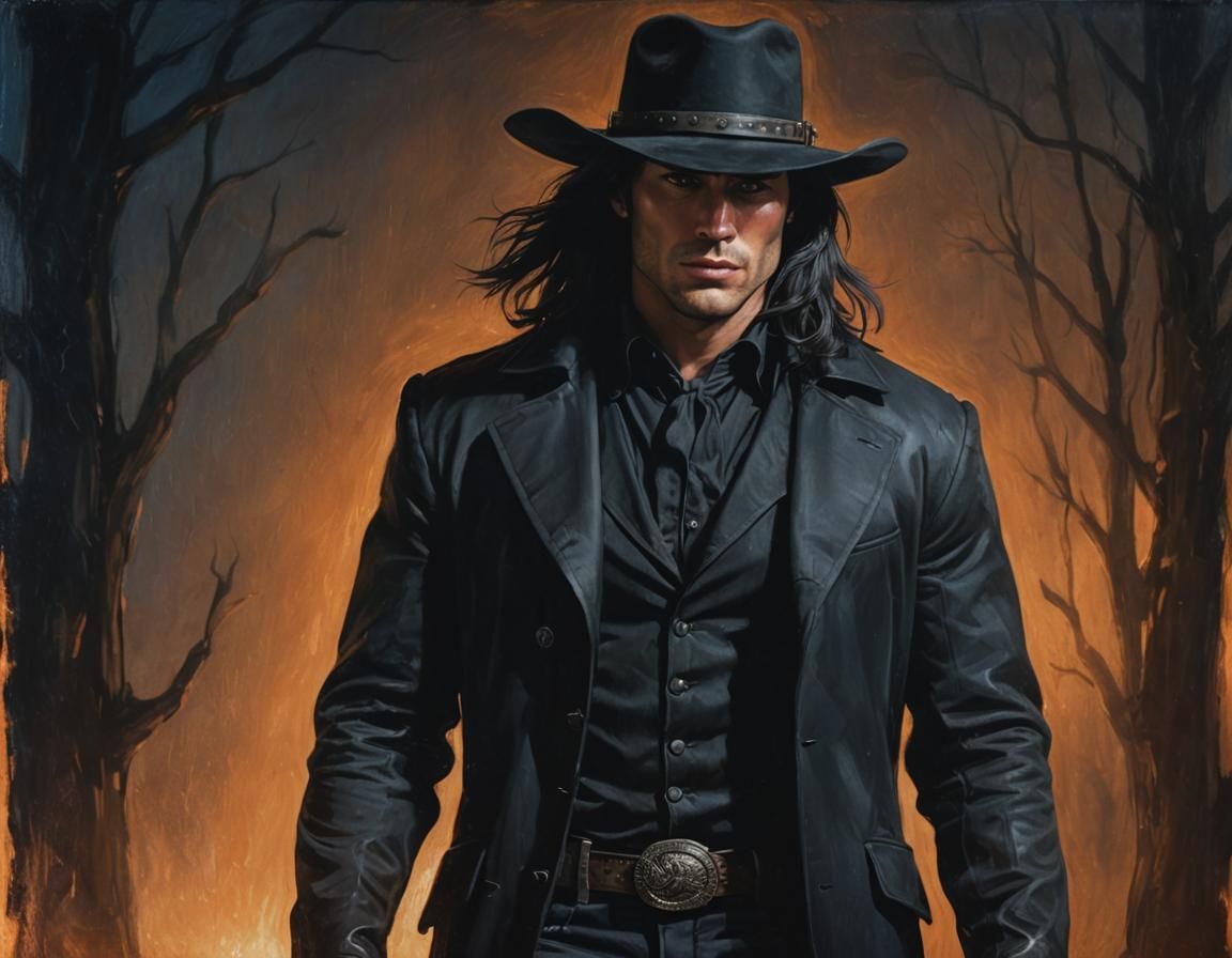 Muscular Man in Cowboy Hat, Oil Painting Style