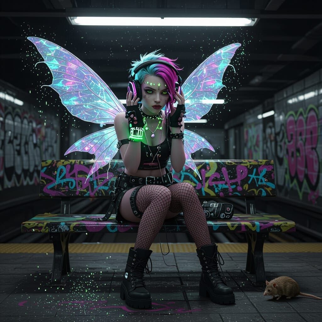 Urban Fairy in Cyberpunk Style with Neon Wings