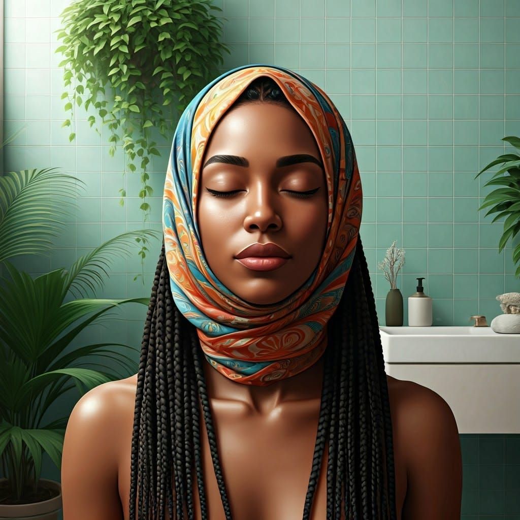 Meditative Woman in Serene Bathroom: 3D Anime Art