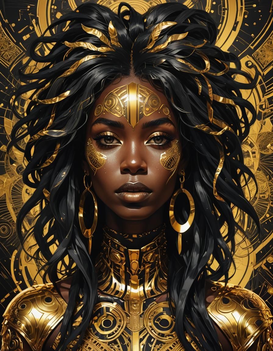 Psychedelic Punk Portrait with Gold and Black Pattern