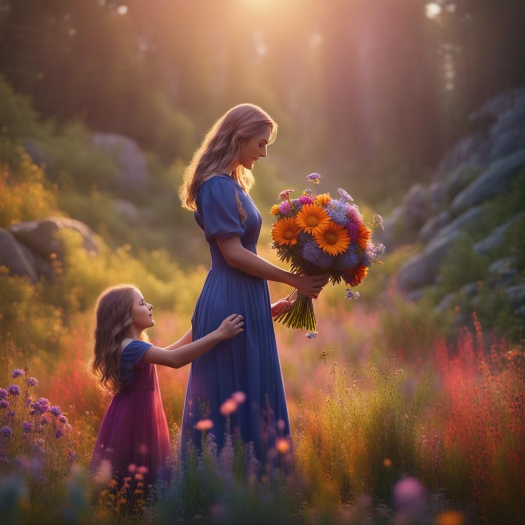 Wholesome Mother Daughter Scene in Vibrant Colors