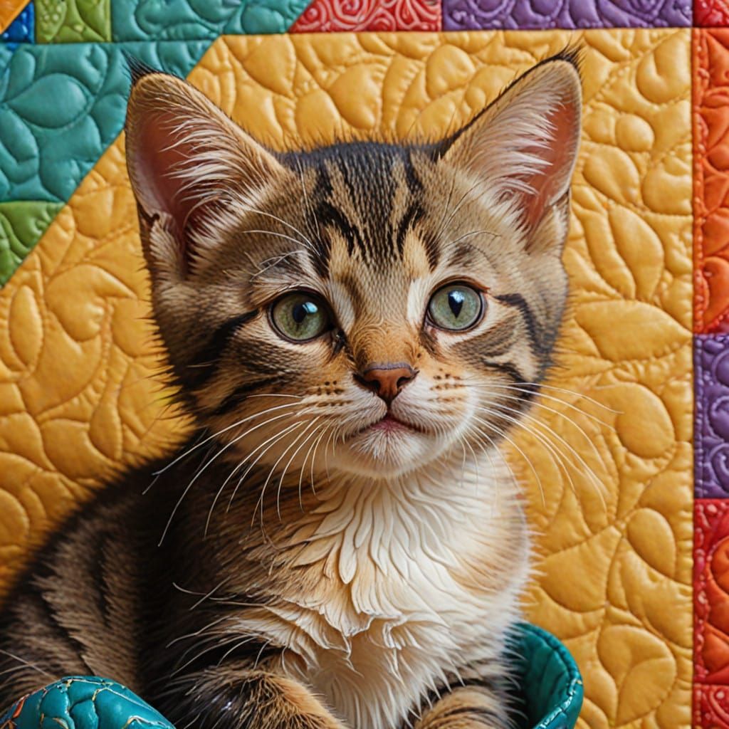 Quilted Kitten Demands Affection in Vibrant Style