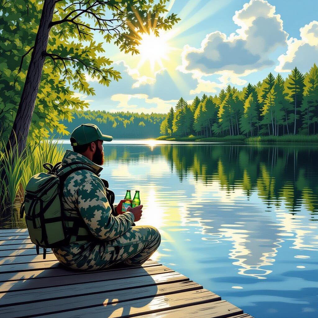 Man Fishing on Jetty in Luminous Lake Scene