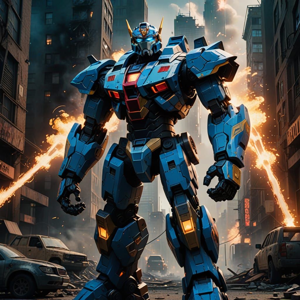 Epic Sci-Fi Robot Hero Voltron in Majestic Cityscape