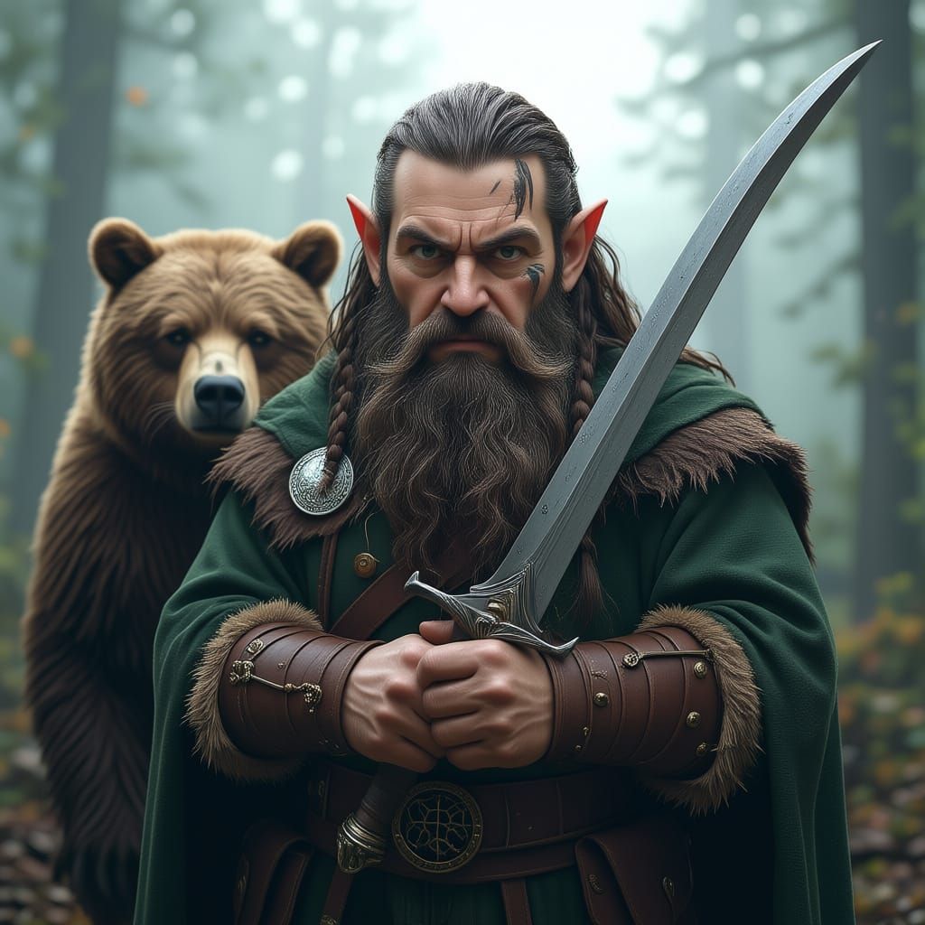 Dwarf Druid and Bear Companion in Cinematic Lighting