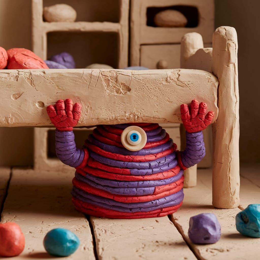 Handcrafted Clay Monster Hiding Under Bed