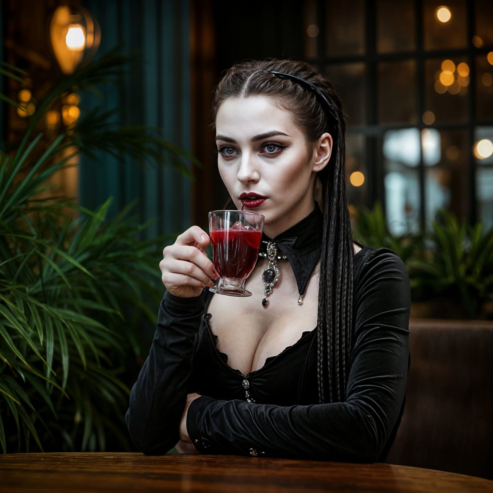 Vampire Sips Blood at Trendy Café in Gothic Style